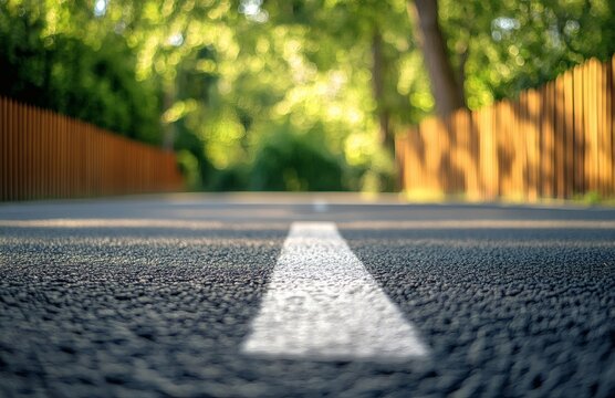 Road surface with white line. Asphalt highway road marking for transport, car traffic. Urban summer scene with green trees, brown wall background