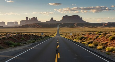 Open Road to Adventure: A boundless highway stretches towards a breathtaking landscape under a clear, radiant sky, leading towards majestic sandstone buttes. The image evokes a sense of freedom.