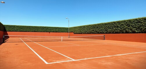 Tennis court with red surface surrounded by green hedges and white lines. High-angle view of a sport facility from above with trees in the distance. Lush landscape and a well-maintained sport area.