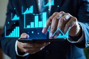 Businessman Surrounded by Holographic Graphs and Charts in Aerial Shot from Handheld Device