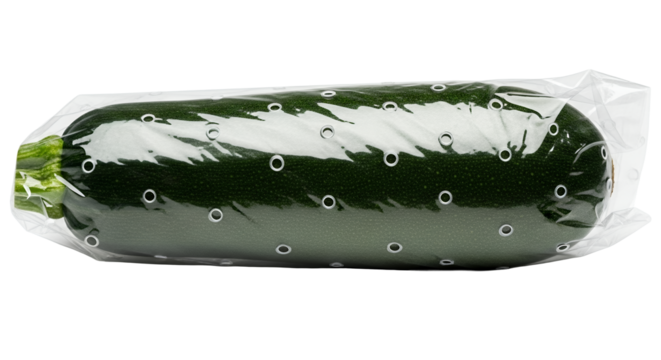 Single dark green vegetable in clear perforated plastic packaging