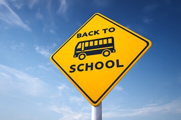 Photo of a bright yellow diamondshaped road sign warns drivers about the return of school buses