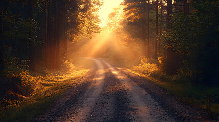 Sunlit Forest Path: Golden Rays Illuminate Winding Road through Lush Greenery at Sunrise