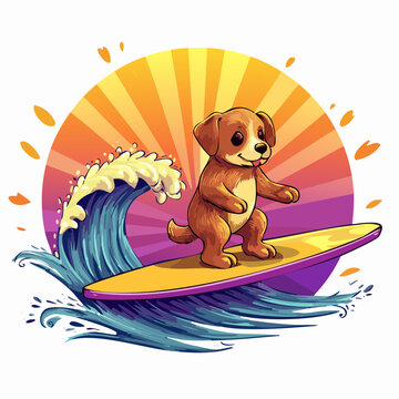 Vintage vector art of Scooby-Doo riding a surfboard, 80s sunset background, summer theme for t-shirt