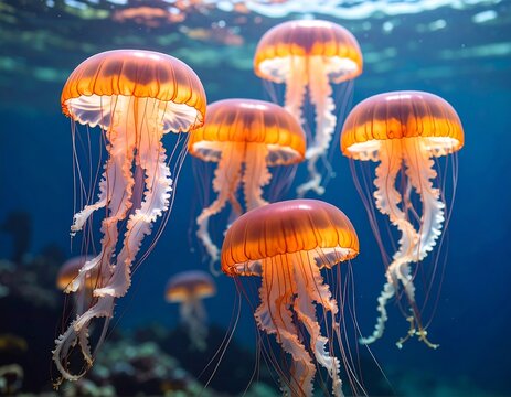 Orange jellyfish gracefully drift in a deep blue ocean