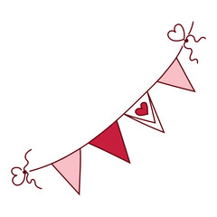 Pink garland in trendy coquette aesthetic for Valentine's Day. Flags with heart. Festive element for holiday. Vector illustration in doodle style for stickers, invitations, diaries and scrapbooks.