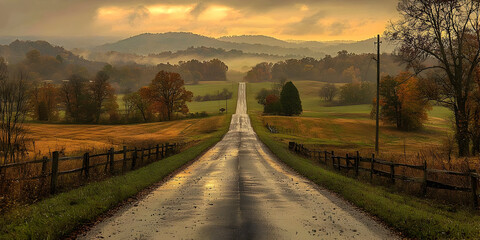 Obraz premium Autumnal Country Road Extends Through Misty Valley, Sunlight Filtering Through Clouds, Creating a Serene Landscape