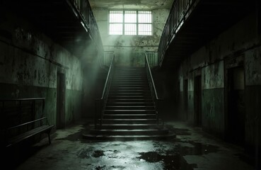 Fototapeta premium Dilapidated cell with dark gray walls, maze of staircases, fog creating eerie atmosphere, single light source at top of each staircase, leading downwards, solitary, abandoned, empty, no life signs.