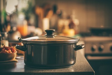 Shiny pot on kitchen counter, oven and blurred items in background, indoor