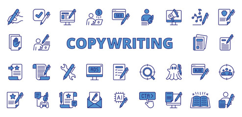 Copywriting icons in line design blue. Copywriting, content writing, SEO, text, marketing, headline, storytelling on white background vector. Copywriting editable stroke icons