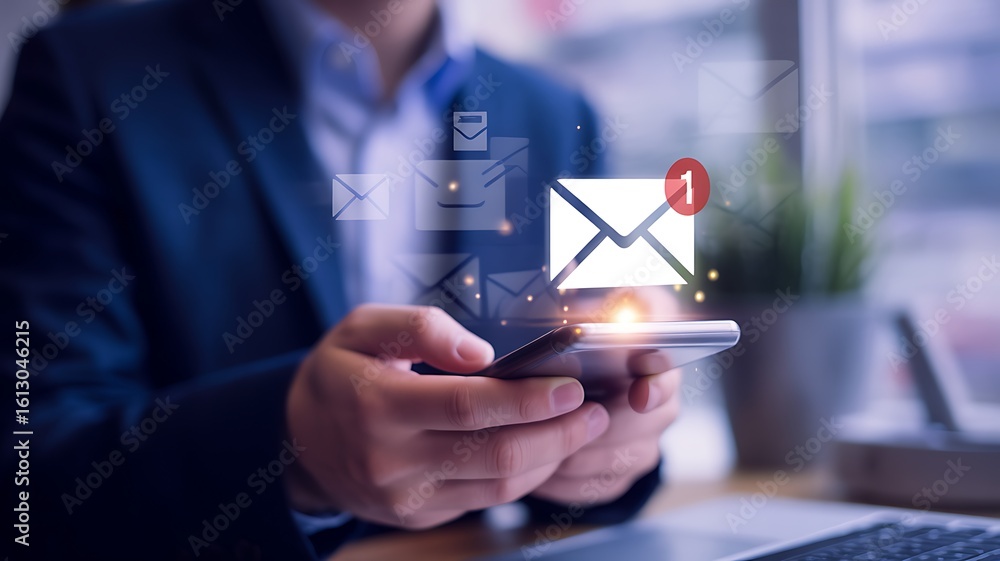 Aufkleber man in suit checking smartphone with glowing email notifications hands mobile