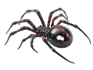 Realistic black widow spider with glossy red markings on its abdomen isolated on a transparent background