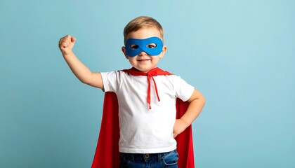 Young Superhero Boy Poses with Raised Fist with SkyBlue Background.