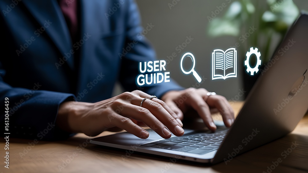 Poster person's hands typing on laptop with user guide digital icons and search computer technology