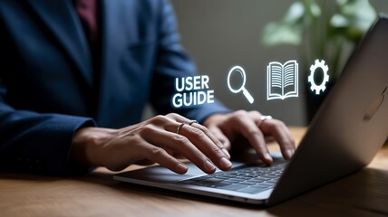 Person's hands typing on laptop with user guide digital icons and search computer technology