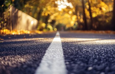 Road surface with white line. Asphalt highway road marking for transport, car traffic. Urban summer scene with green trees, brown wall background