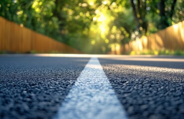 Road surface with white line. Asphalt highway road marking for transport, car traffic. Urban summer scene with green trees, brown wall background