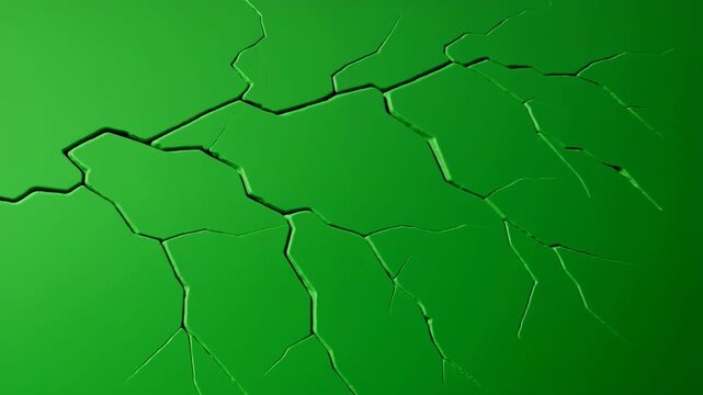 Green surface with spreading cracks creating abstract pattern, fractures expand across backdrop, suggesting breakdown or environmental stress concept