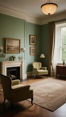 Fototapeta premium Elegant Living Room with Green Walls, Fireplace, and Classic Furniture