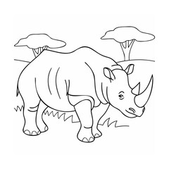 Rhino standing in grassy savanna with acacia trees