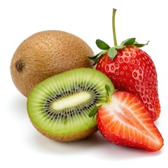 Kiwi, strawberry, fruit arrangement, green stem, brown peel, black seeds, visually appealing composition, red strawberry, sliced fruit, trio of fruits, food photography, kitchen, still life, studio