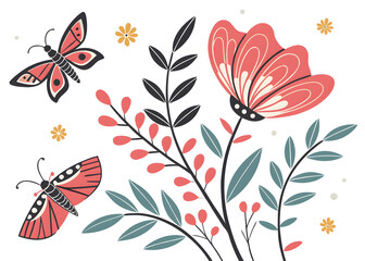 Fototapeta premium Stylized Coral Flowers Teal Leaves Butterflies Minimalist Digital Vector Art isolated on a transparent background