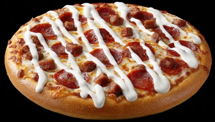 Appetizing pizza featuring sliced pepperoni, sausage cubes, a generous layer of cheese, and a creamy white sauce drizzle, set against a stark black backdrop