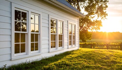 White house with large windows at sunset