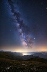 Milky Way galaxy image with starry sky, radiant blue hue. Galaxy tilted, contrasting dark gray mountain range. Predominantly blue, white, gray colors, green touch from distant mountains. Starry
