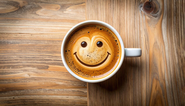 A cup of coffee with a smiley face on a rustic wooden table.