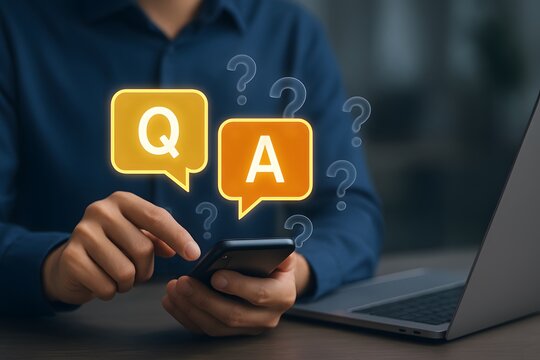 Person using smartphone for question and answer with digital speech bubbles and question marks near laptop on table - Powered by Adobe