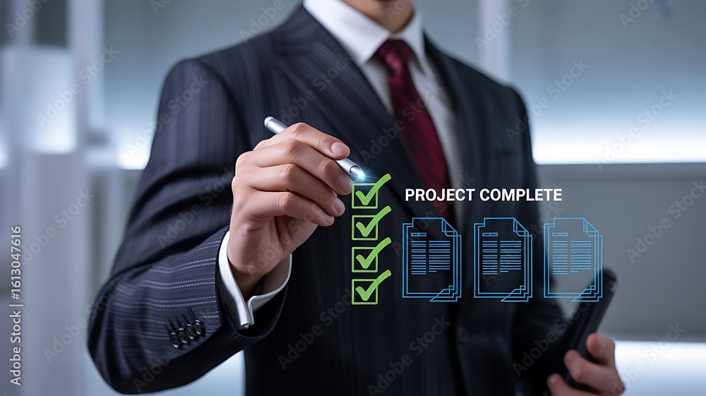 Aufkleber man in suit checks off project complete on digital checklist with documents business