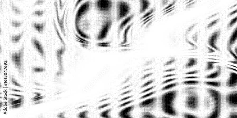 Poster flowing wave dot halftone vector pattern: curve gradient shape on transparent overlay background. su