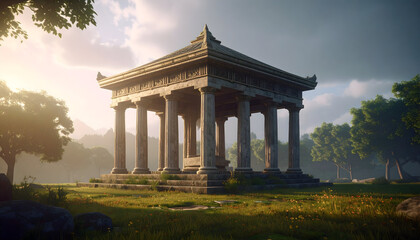 Obraz premium Ancient stone pavilion in a lush landscape