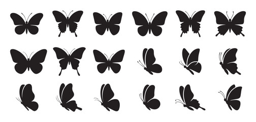Collection of Black Silhouette Butterfly Designs Ideal for Craft Projects, Logos, and Creative Artwork