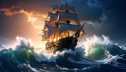 Majestic sailing ship braving stormy seas at sunset