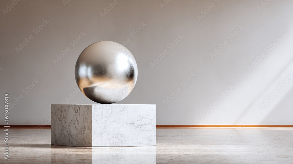 Aufkleber elegant composition featuring a metallic sphere on a marble cube in a minimalist setting with sunlig