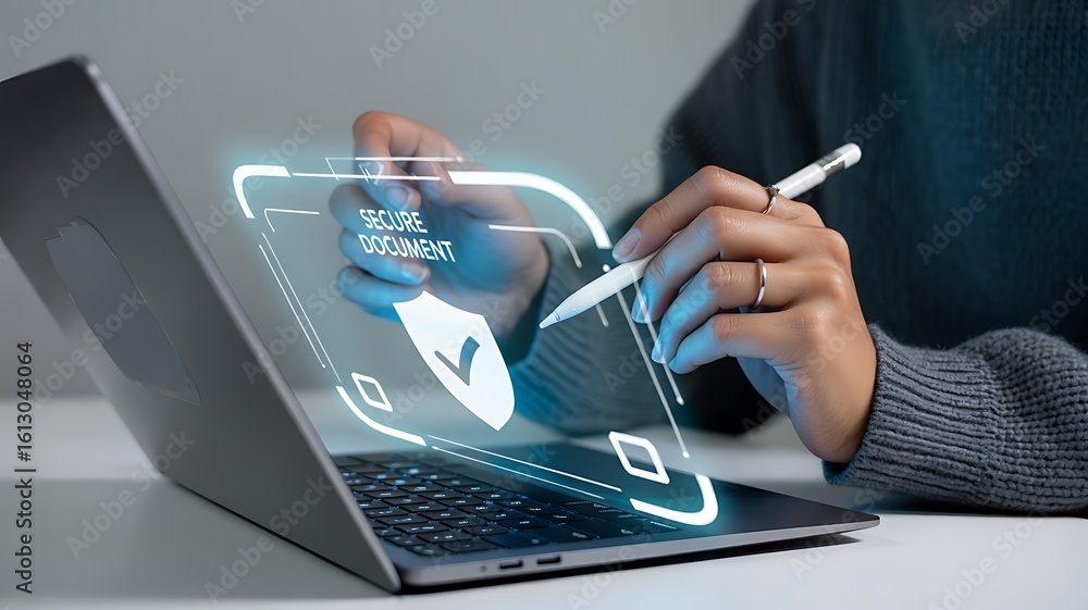 Poster person using stylus on laptop with secure document interface hands digital