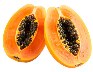 Sliced ripe papaya on transparent background, tropical fruit photo, summer food desig