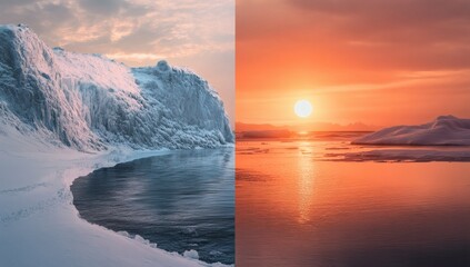 Surreal winter summer split view. Snowy beach path divides landscape with winter snow, cold tones. Sunny beach on right, warm colors. Mountains, sea, sky.