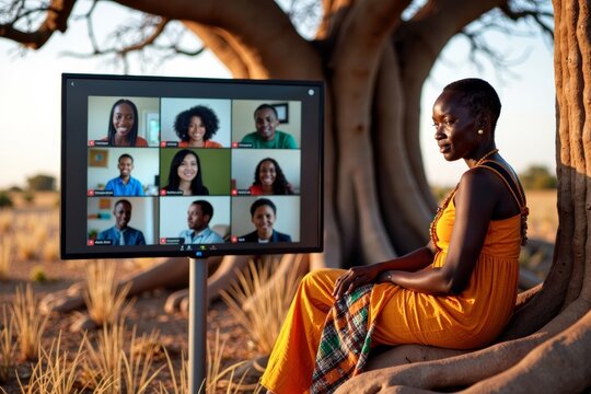Global Virtual Meeting: African Woman Engages with Diverse Colleagues Under Baobab Tree