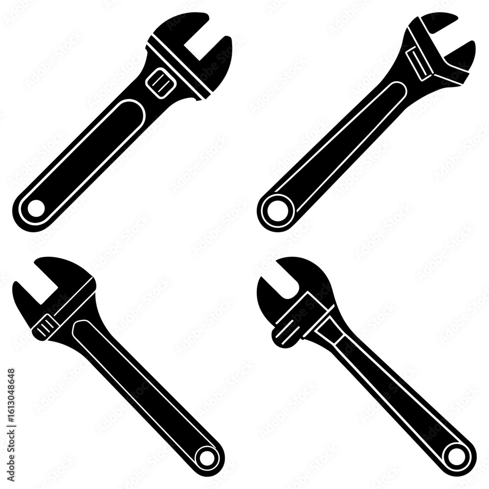 Poster four adjustable wrenches in black and white showing different angles and positions on a white backgr