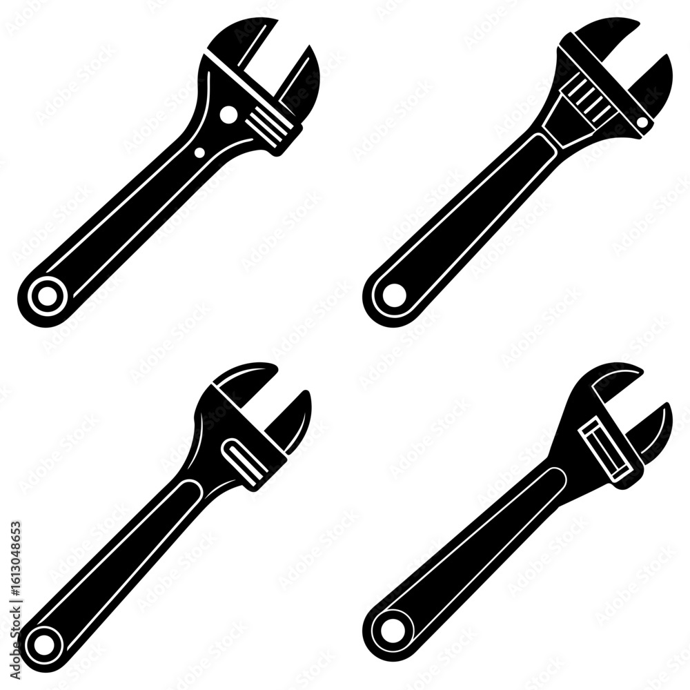 Poster four black adjustable wrenches arranged in a square pattern on a white background showing tools