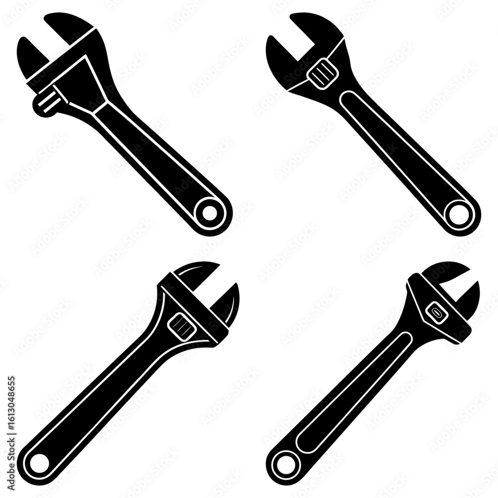 Poster four adjustable wrenches in a grid pattern isolated on a white background in a simple black and whit