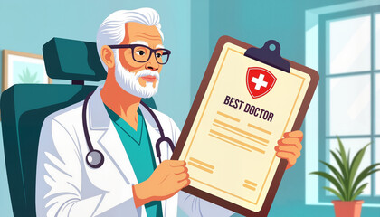 Elderly male doctor proudly holding a certificate of best doctor for International Doctor's Day  