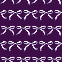 Seamless pattern watercolor silk violet gift bow, ribbon drawing. Hand drawn illustration bowtie. Painted bowknot elements purple background. Print, fabric, wrapping, wallpaper, greeting cards decor