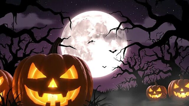 Halloween scene glowing jackolanterns under a full moon with bats and gnarled trees