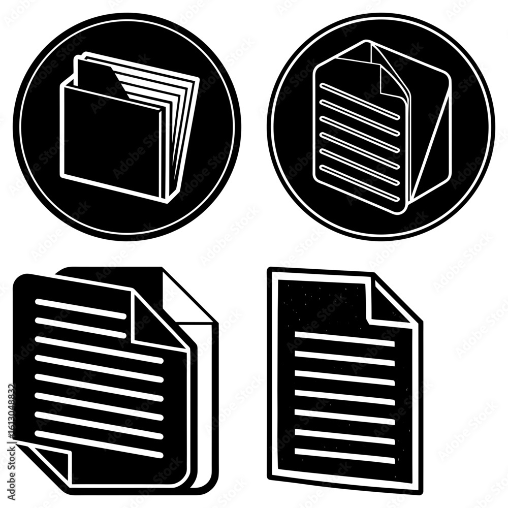 Poster illustration of folder and document icons in black and white with circular backgrounds and paper sta