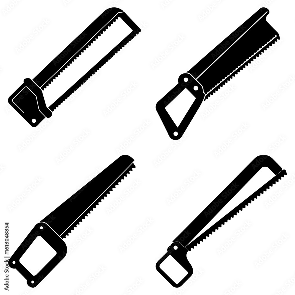 Poster four hacksaws arranged in a square pattern with varying handle and blade orientations in black and w