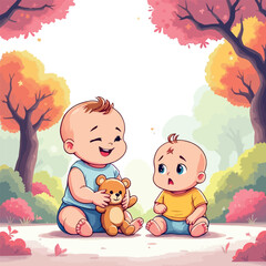 Vsai two babies playing with teddy bear in autumn park